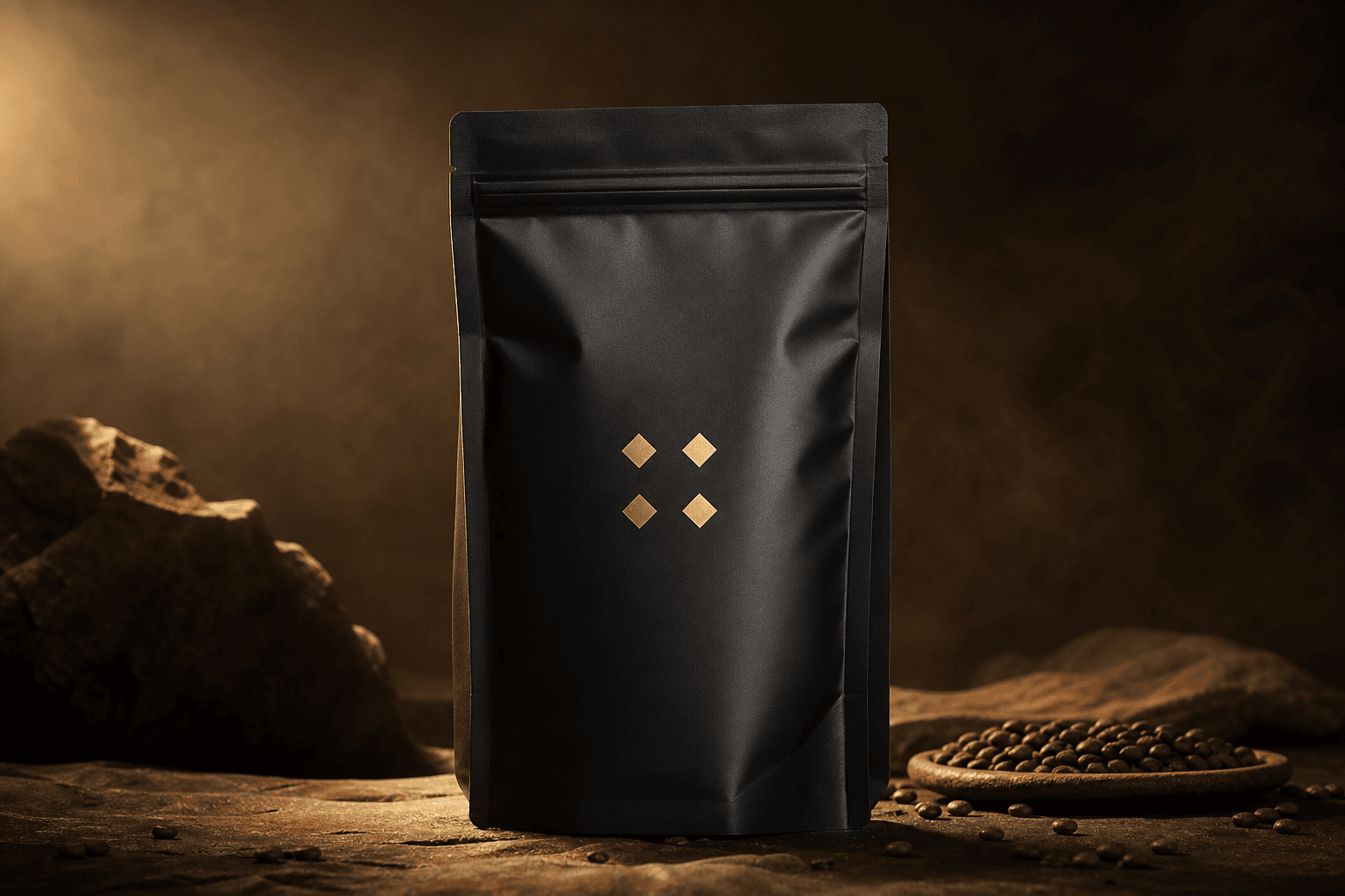 Matte black coffee bag with gold logo for label scanning